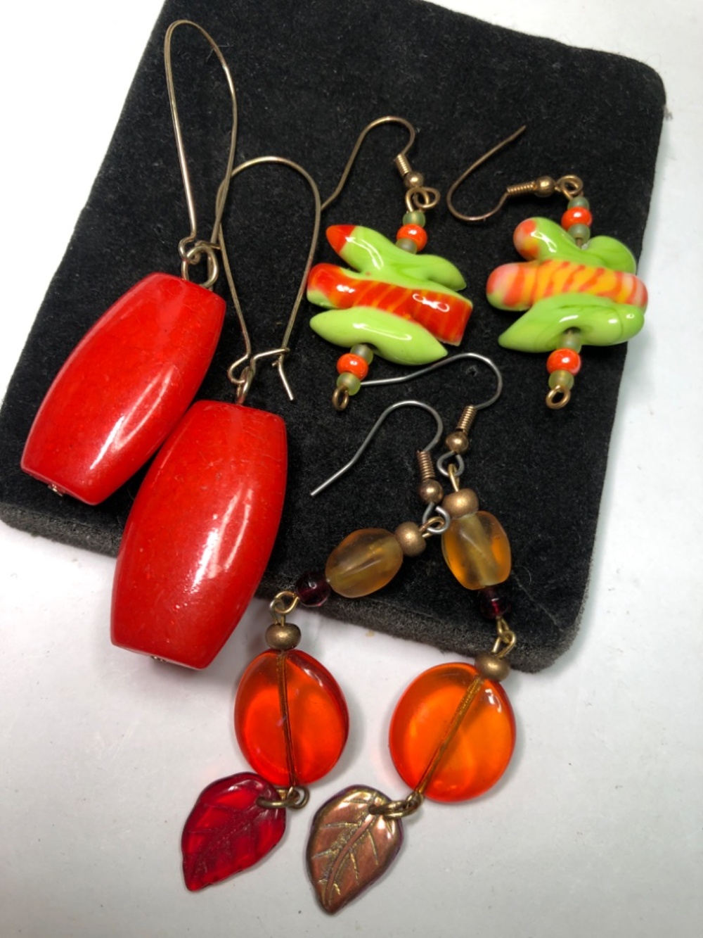 3 pairs earrings lot red green art glass handmade